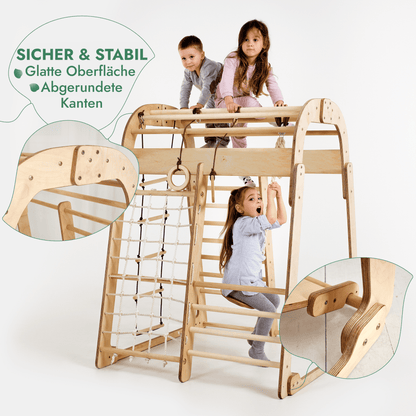 6in1 Indoor Spielplatz für Kinder: Klettergerüst mit Kletternetz, Rutsche, Gymnastikringe, Hängende Leiter und Disc - Schaukel – Beige - BesonderesHoch2