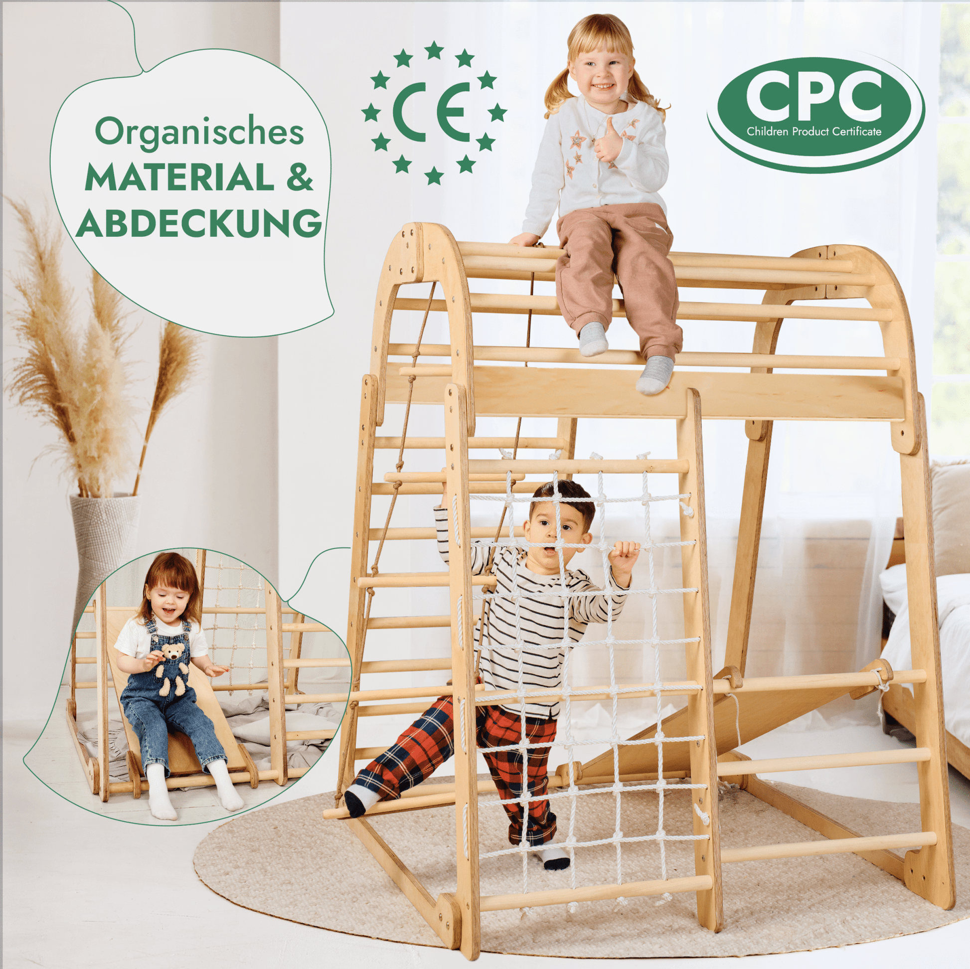 6in1 Indoor Spielplatz für Kinder: Klettergerüst mit Kletternetz, Rutsche, Gymnastikringe, Hängende Leiter und Disc - Schaukel – Beige - BesonderesHoch2