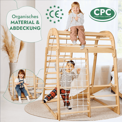 6in1 Indoor Spielplatz für Kinder: Klettergerüst mit Kletternetz, Rutsche, Gymnastikringe, Hängende Leiter und Disc - Schaukel – Beige - BesonderesHoch2
