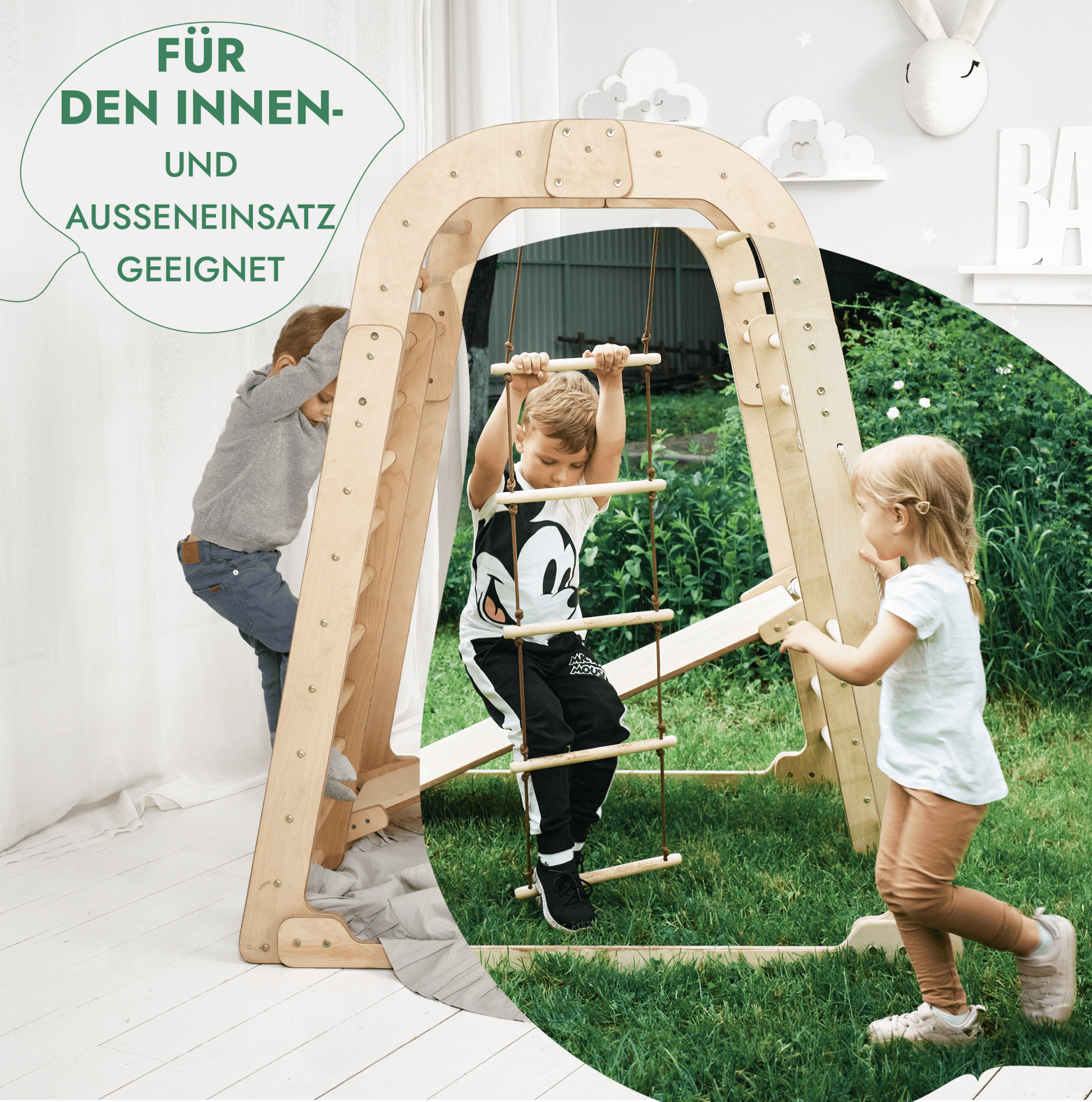 6in1 Indoor Spielplatz für Kinder: Klettergerüst mit Kletternetz, Rutsche, Gymnastikringe, Hängende Leiter und Disc - Schaukel – Beige - BesonderesHoch2