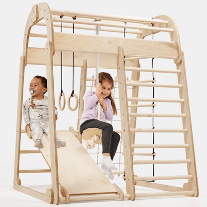 6in1 Indoor Spielplatz für Kinder: Klettergerüst mit Kletternetz, Rutsche, Gymnastikringe, Hängende Leiter und Disc - Schaukel – Beige - BesonderesHoch2