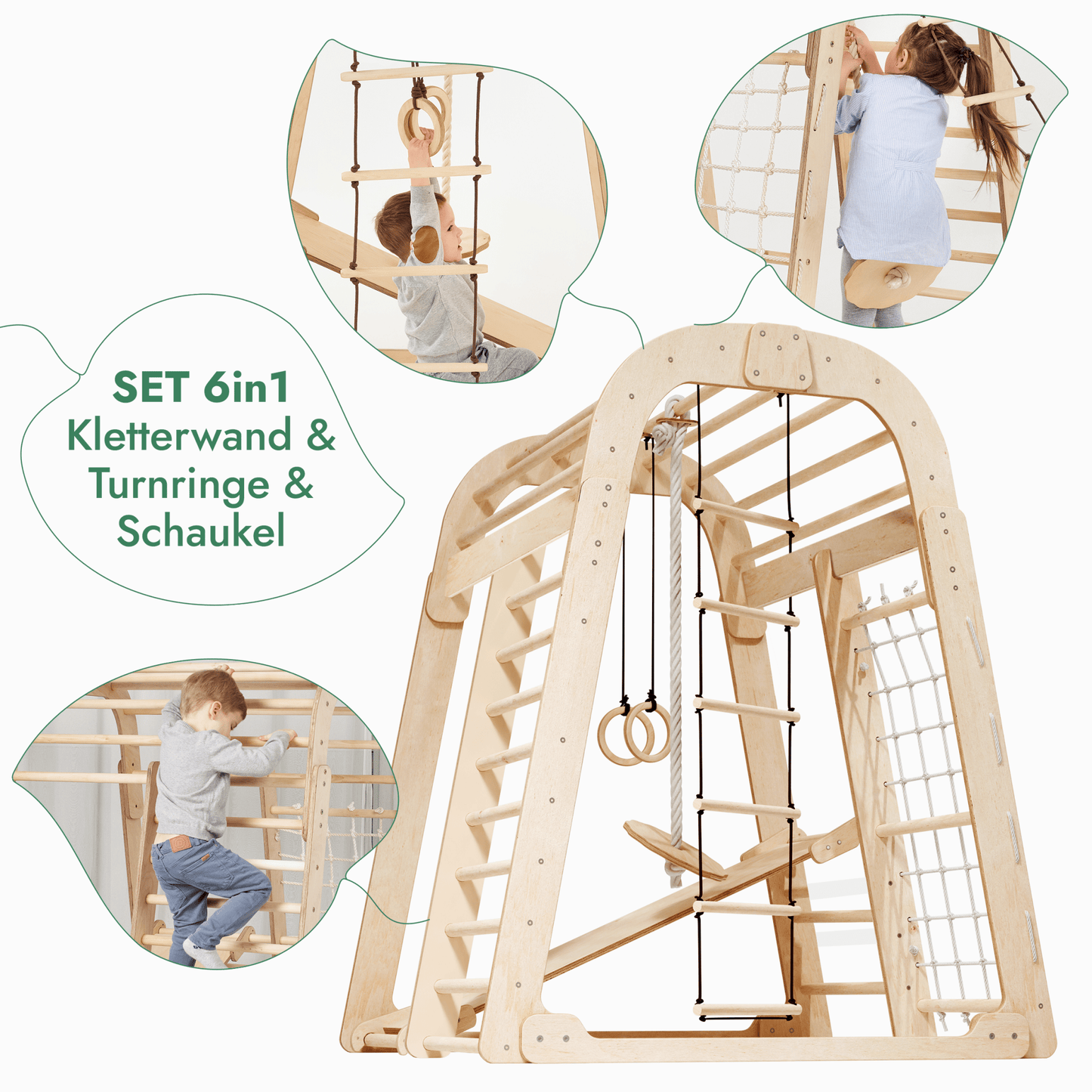 6in1 Indoor Spielplatz für Kinder: Klettergerüst mit Kletternetz, Rutsche, Gymnastikringe, Hängende Leiter und Disc - Schaukel – Beige - BesonderesHoch2