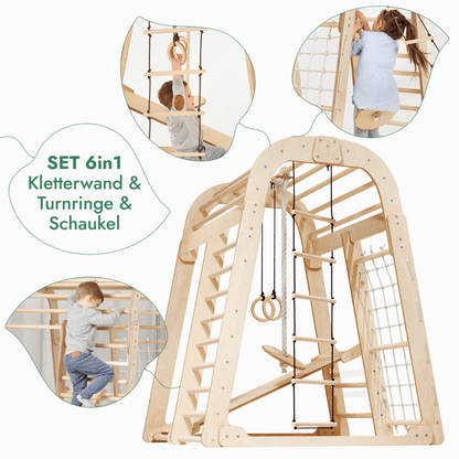 6in1 Indoor Spielplatz für Kinder: Klettergerüst mit Kletternetz, Rutsche, Gymnastikringe, Hängende Leiter und Disc - Schaukel – Beige - BesonderesHoch2