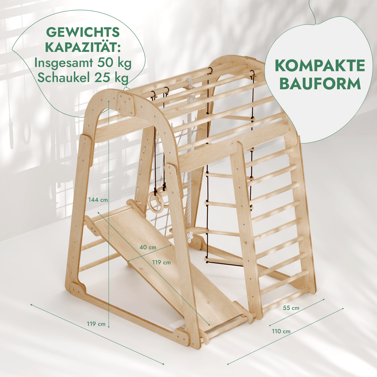 6in1 Indoor Spielplatz für Kinder: Klettergerüst mit Kletternetz, Rutsche, Gymnastikringe, Hängende Leiter und Disc - Schaukel – Beige - BesonderesHoch2