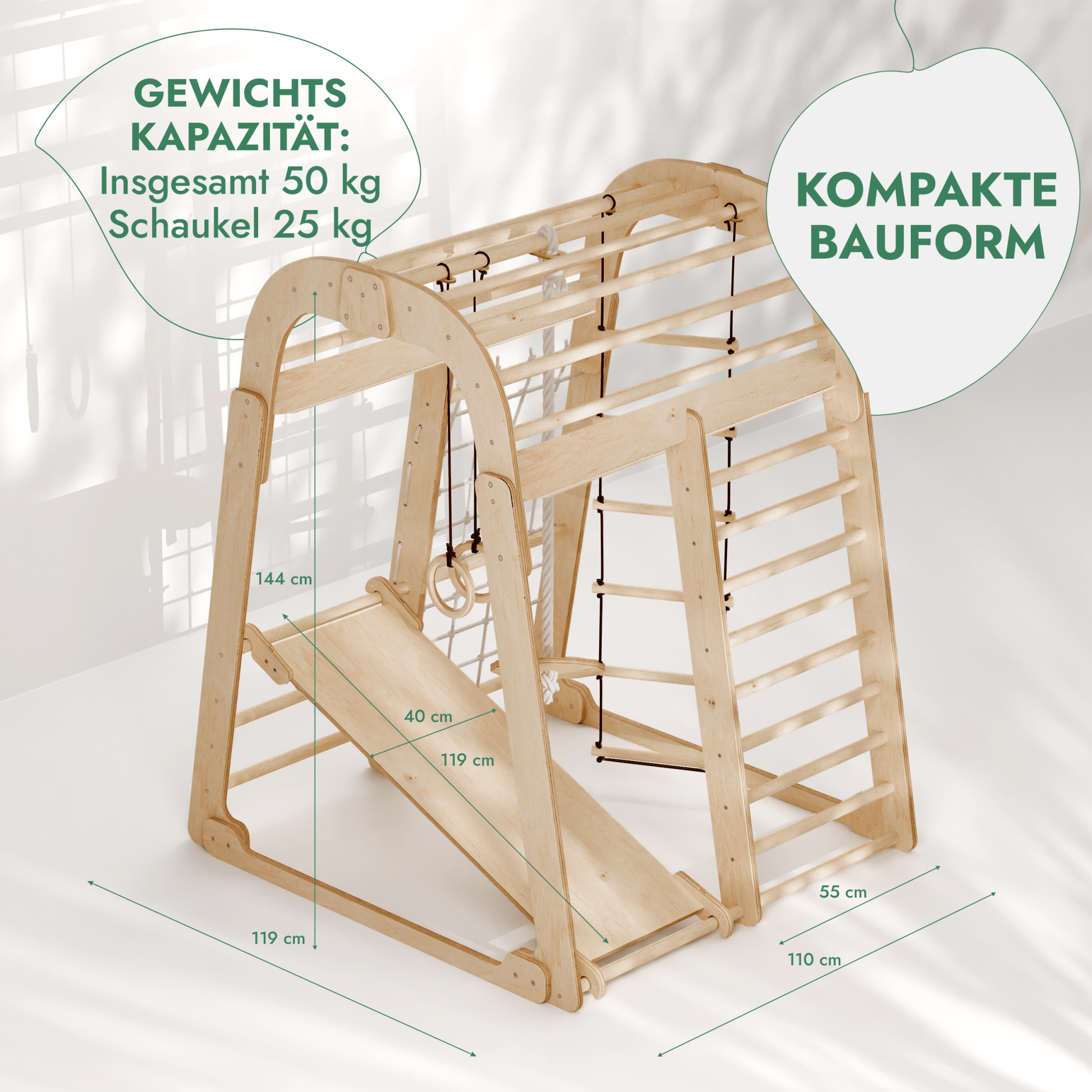 6in1 Indoor Spielplatz für Kinder: Klettergerüst mit Kletternetz, Rutsche, Gymnastikringe, Hängende Leiter und Disc - Schaukel – Beige - BesonderesHoch2