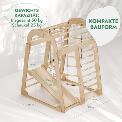 6in1 Indoor Spielplatz für Kinder: Klettergerüst mit Kletternetz, Rutsche, Gymnastikringe, Hängende Leiter und Disc - Schaukel – Beige - BesonderesHoch2