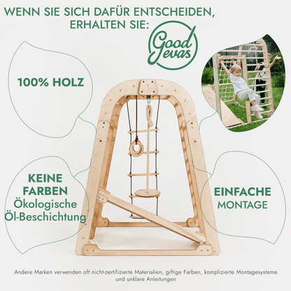 6in1 Indoor Spielplatz für Kinder: Klettergerüst mit Kletternetz, Rutsche, Gymnastikringe, Hängende Leiter und Disc - Schaukel – Beige - BesonderesHoch2