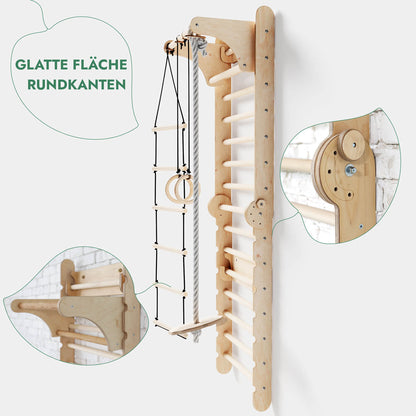 6in1 Kletterwand Indoor: Sprossenwand, Gymnastikringe, Hängende Leiter, Disc - Schaukel, Rutsche und Klimmzugstange für Kinder - BesonderesHoch2