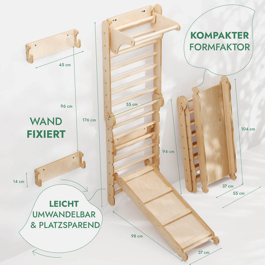 6in1 Kletterwand Indoor: Sprossenwand, Gymnastikringe, Hängende Leiter, Disc - Schaukel, Rutsche und Klimmzugstange für Kinder - BesonderesHoch2