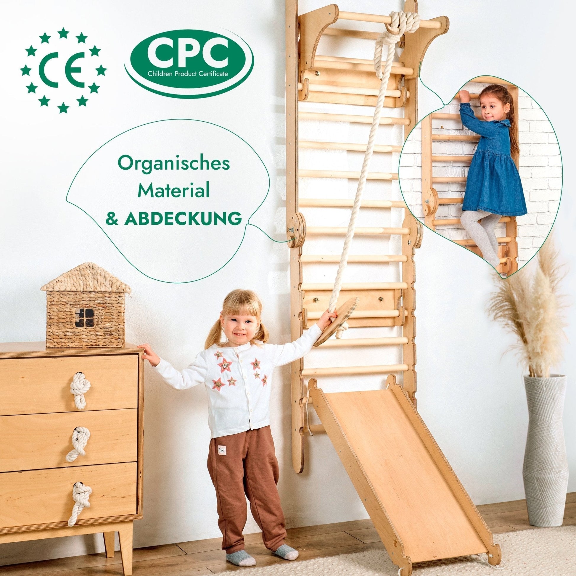 6in1 Kletterwand Indoor: Sprossenwand, Gymnastikringe, Hängende Leiter, Disc - Schaukel, Rutsche und Klimmzugstange für Kinder - BesonderesHoch2