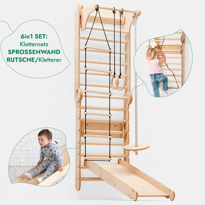 6in1 Kletterwand Indoor: Sprossenwand, Gymnastikringe, Hängende Leiter, Disc - Schaukel, Rutsche und Klimmzugstange für Kinder - BesonderesHoch2