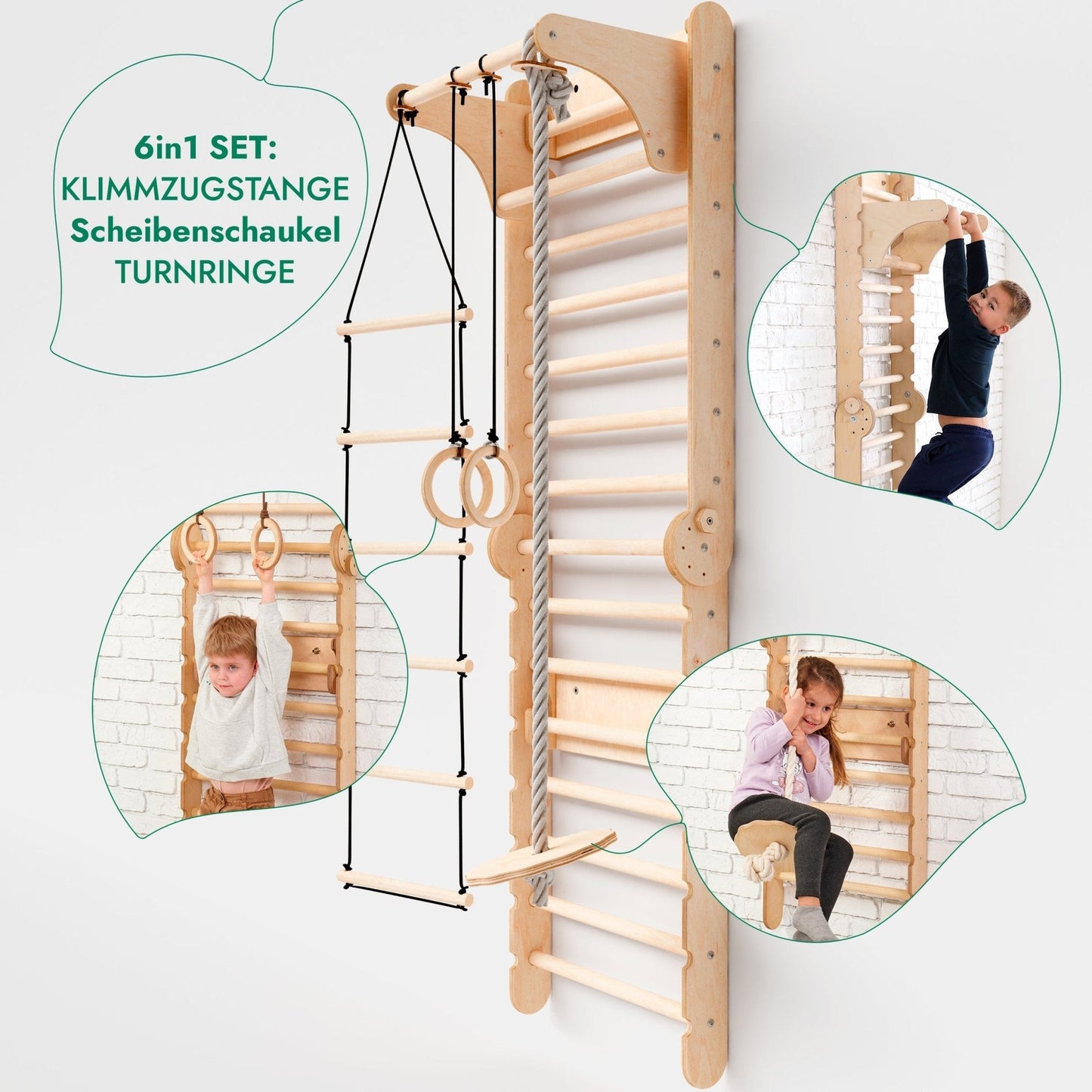 6in1 Kletterwand Indoor: Sprossenwand, Gymnastikringe, Hängende Leiter, Disc - Schaukel, Rutsche und Klimmzugstange für Kinder - BesonderesHoch2
