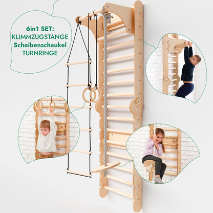 6in1 Kletterwand Indoor: Sprossenwand, Gymnastikringe, Hängende Leiter, Disc - Schaukel, Rutsche und Klimmzugstange für Kinder - BesonderesHoch2