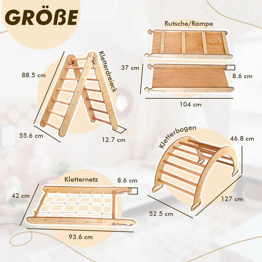 7in1 Montessori Klettergerüst Set: Kletterdreieck, Kletterbogen mit Kissen, Rutsche, Kletternetz, Maltafel und Kinderstuhl, für Kinder 1 - 7 Jahre – Beige - BesonderesHoch2