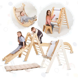 7in1 Montessori Klettergerüst Set: Kletterdreieck, Kletterbogen mit Kissen, Rutsche, Kletternetz, Maltafel und Kinderstuhl, für Kinder 1 - 7 Jahre – Beige - BesonderesHoch2