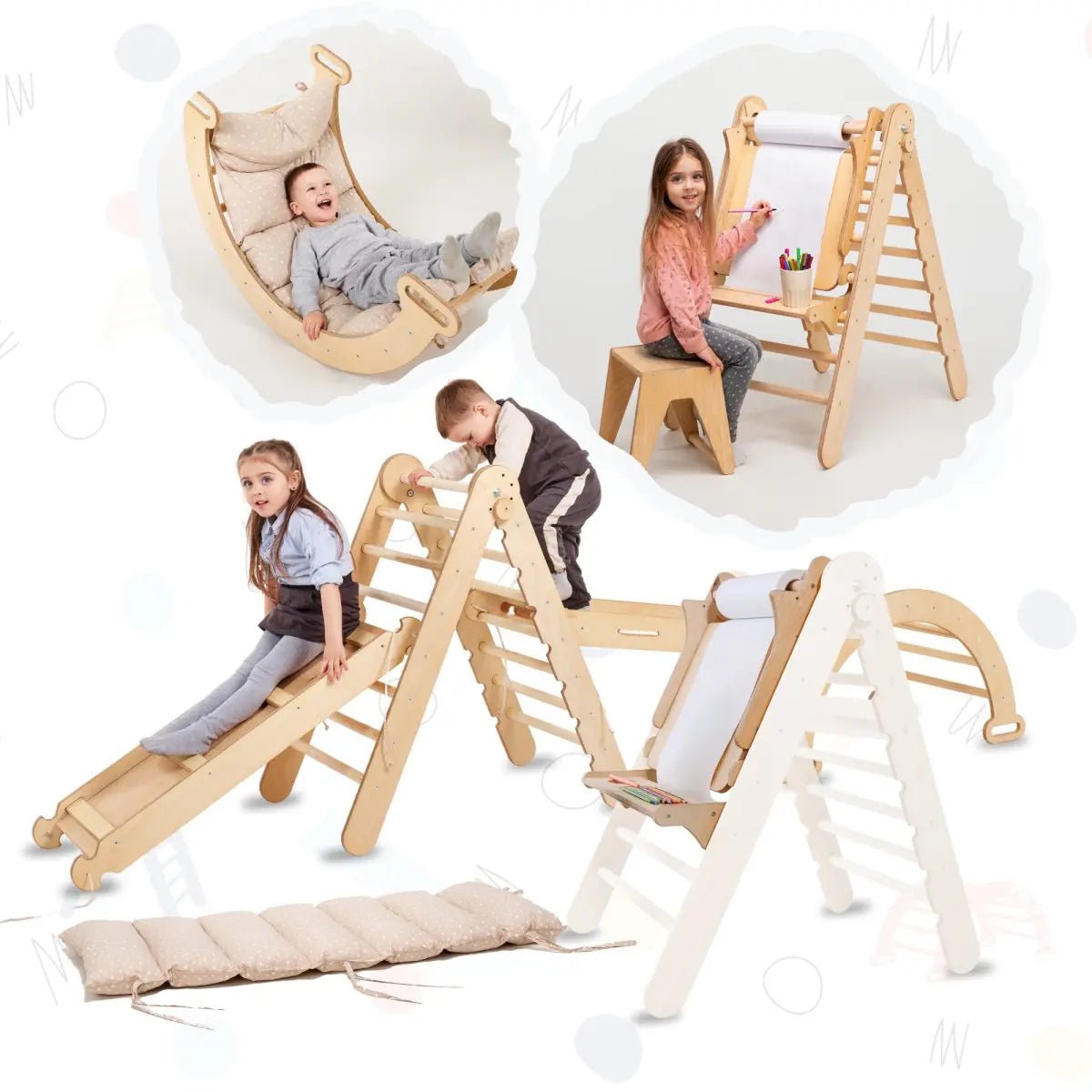 7in1 Montessori Klettergerüst Set: Kletterdreieck, Kletterbogen mit Kissen, Rutsche, Kletternetz, Maltafel und Kinderstuhl, für Kinder 1 - 7 Jahre – Beige - BesonderesHoch2