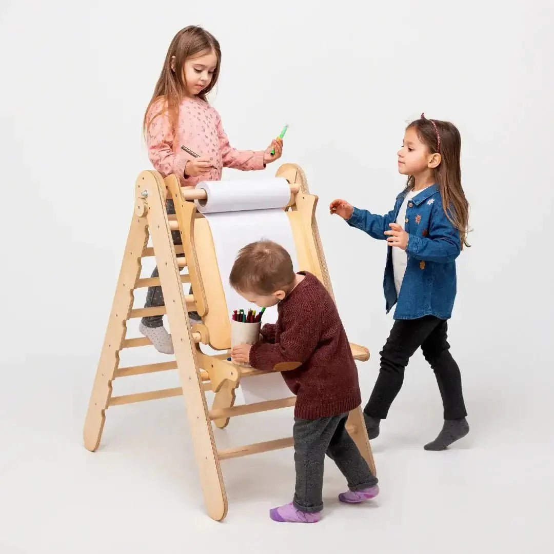 7in1 Montessori Klettergerüst Set: Kletterdreieck, Kletterbogen mit Kissen, Rutsche, Kletternetz, Maltafel und Kinderstuhl, für Kinder 1 - 7 Jahre – Beige - BesonderesHoch2