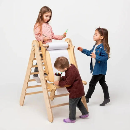 7in1 Montessori Klettergerüst Set: Kletterdreieck, Kletterbogen mit Kissen, Rutsche, Kletternetz, Maltafel und Kinderstuhl, für Kinder 1 - 7 Jahre – Beige - BesonderesHoch2