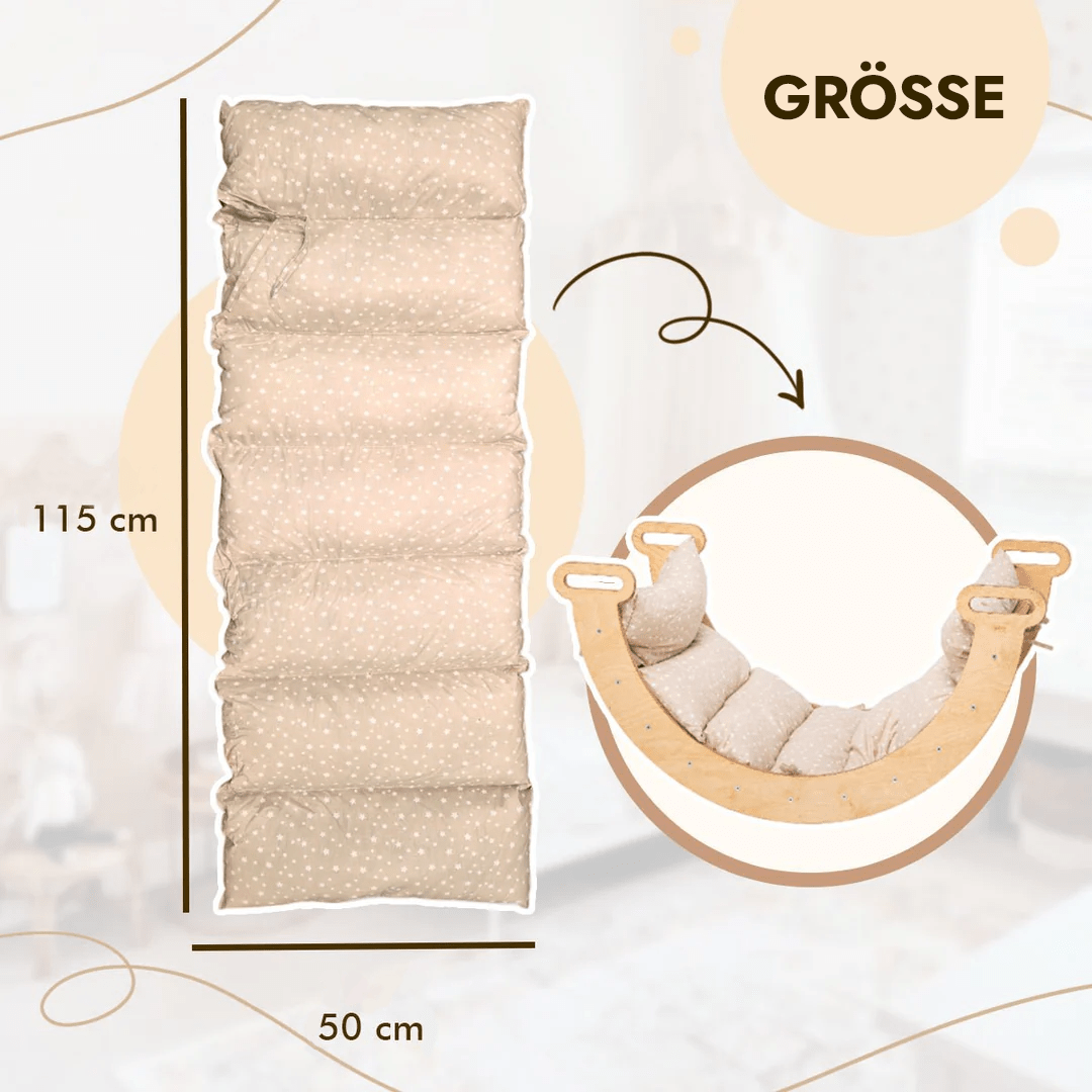 7in1 Montessori Klettergerüst Set: Kletterdreieck, Kletterbogen mit Kissen, Rutsche, Kletternetz, Maltafel und Kinderstuhl, für Kinder 1 - 7 Jahre – Beige - BesonderesHoch2