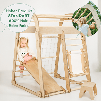 8in1 Indoor Spielplatz: Klettergerüst mit Kletternetz, Rutsche, Gymnastikringe, Hängende Leiter, Disc - Schaukel, Maltafel und Kinderstuhl – Beige - BesonderesHoch2