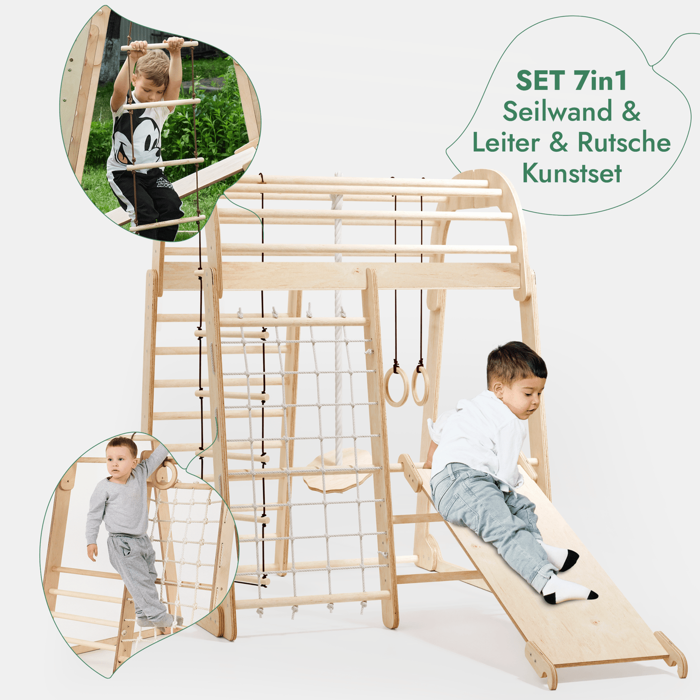 8in1 Indoor Spielplatz: Klettergerüst mit Kletternetz, Rutsche, Gymnastikringe, Hängende Leiter, Disc - Schaukel, Maltafel und Kinderstuhl – Beige - BesonderesHoch2