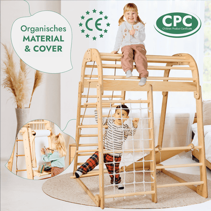 8in1 Indoor Spielplatz: Klettergerüst mit Kletternetz, Rutsche, Gymnastikringe, Hängende Leiter, Disc - Schaukel, Maltafel und Kinderstuhl – Beige - BesonderesHoch2