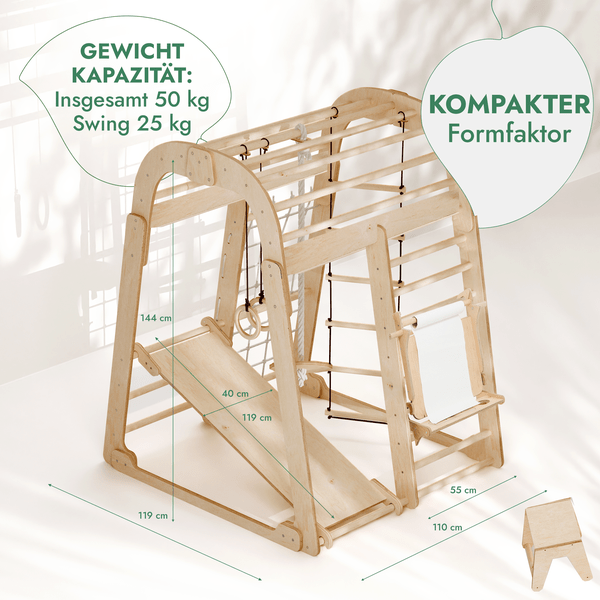 8in1 Indoor Spielplatz: Klettergerüst mit Kletternetz, Rutsche, Gymnastikringe, Hängende Leiter, Disc - Schaukel, Maltafel und Kinderstuhl – Beige - BesonderesHoch2