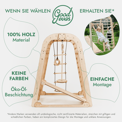 8in1 Indoor Spielplatz: Klettergerüst mit Kletternetz, Rutsche, Gymnastikringe, Hängende Leiter, Disc - Schaukel, Maltafel und Kinderstuhl – Beige - BesonderesHoch2