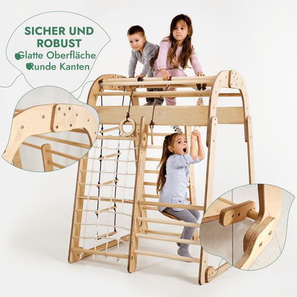 8in1 Indoor Spielplatz: Klettergerüst mit Kletternetz, Rutsche, Gymnastikringe, Hängende Leiter, Disc - Schaukel, Maltafel und Kinderstuhl – Beige - BesonderesHoch2