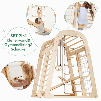 8in1 Indoor Spielplatz: Klettergerüst mit Kletternetz, Rutsche, Gymnastikringe, Hängende Leiter, Disc - Schaukel, Maltafel und Kinderstuhl – Beige - BesonderesHoch2