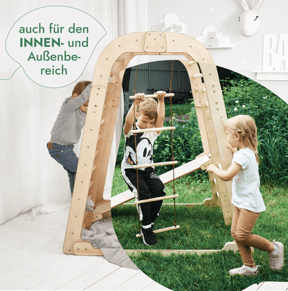 8in1 Indoor Spielplatz: Klettergerüst mit Kletternetz, Rutsche, Gymnastikringe, Hängende Leiter, Disc - Schaukel, Maltafel und Kinderstuhl – Beige - BesonderesHoch2