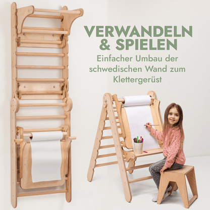 8in1 Kletterwand Indoor: Sprossenwand, Gymnastikringe, Hängende Leiter, Disc - Schaukel, Rutsche, Klimmzugstange, Maltafel und Kinderstuhl für Kinder – Beige - BesonderesHoch2