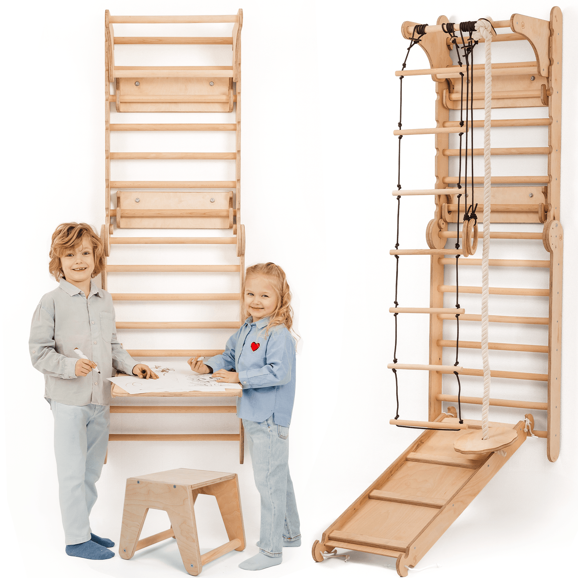 8in1 Kletterwand Indoor: Sprossenwand, Gymnastikringe, Hängende Leiter, Disc - Schaukel, Rutsche, Klimmzugstange, Maltafel und Kinderstuhl für Kinder – Beige - BesonderesHoch2