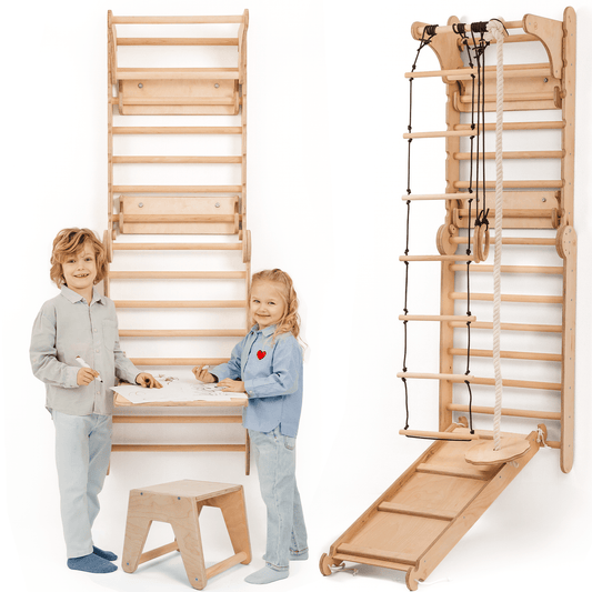 8in1 Kletterwand Indoor: Sprossenwand, Gymnastikringe, Hängende Leiter, Disc - Schaukel, Rutsche, Klimmzugstange, Maltafel und Kinderstuhl für Kinder – Beige - BesonderesHoch2