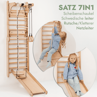 8in1 Kletterwand Indoor: Sprossenwand, Gymnastikringe, Hängende Leiter, Disc - Schaukel, Rutsche, Klimmzugstange, Maltafel und Kinderstuhl für Kinder – Beige - BesonderesHoch2