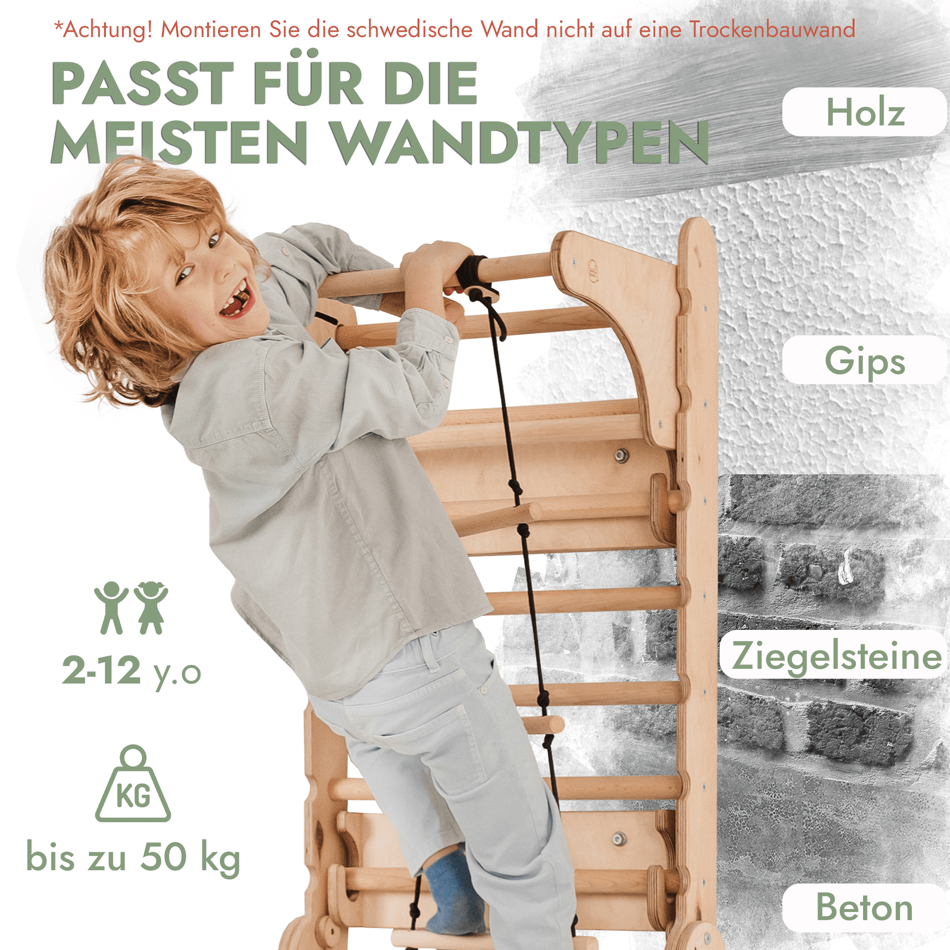 8in1 Kletterwand Indoor: Sprossenwand, Gymnastikringe, Hängende Leiter, Disc - Schaukel, Rutsche, Klimmzugstange, Maltafel und Kinderstuhl für Kinder – Beige - BesonderesHoch2