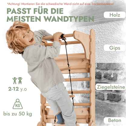 8in1 Kletterwand Indoor: Sprossenwand, Gymnastikringe, Hängende Leiter, Disc - Schaukel, Rutsche, Klimmzugstange, Maltafel und Kinderstuhl für Kinder – Beige - BesonderesHoch2