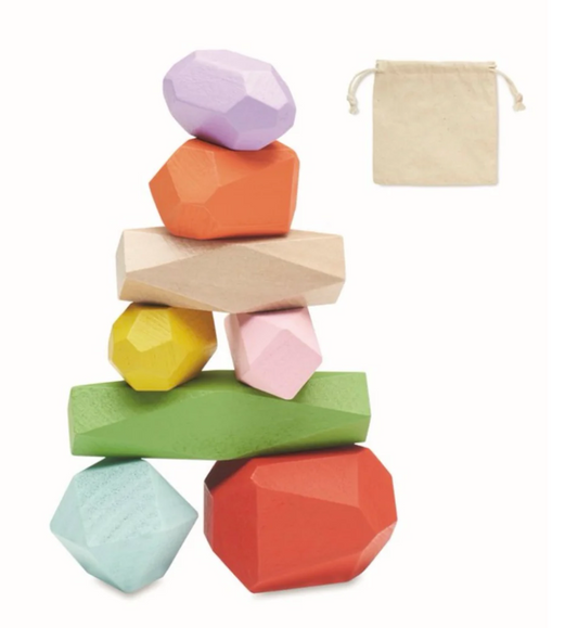 Flowfull® Holzsteine Schatzsuche SET – 8 bunte Spielsteine im Baumwollbeutel.