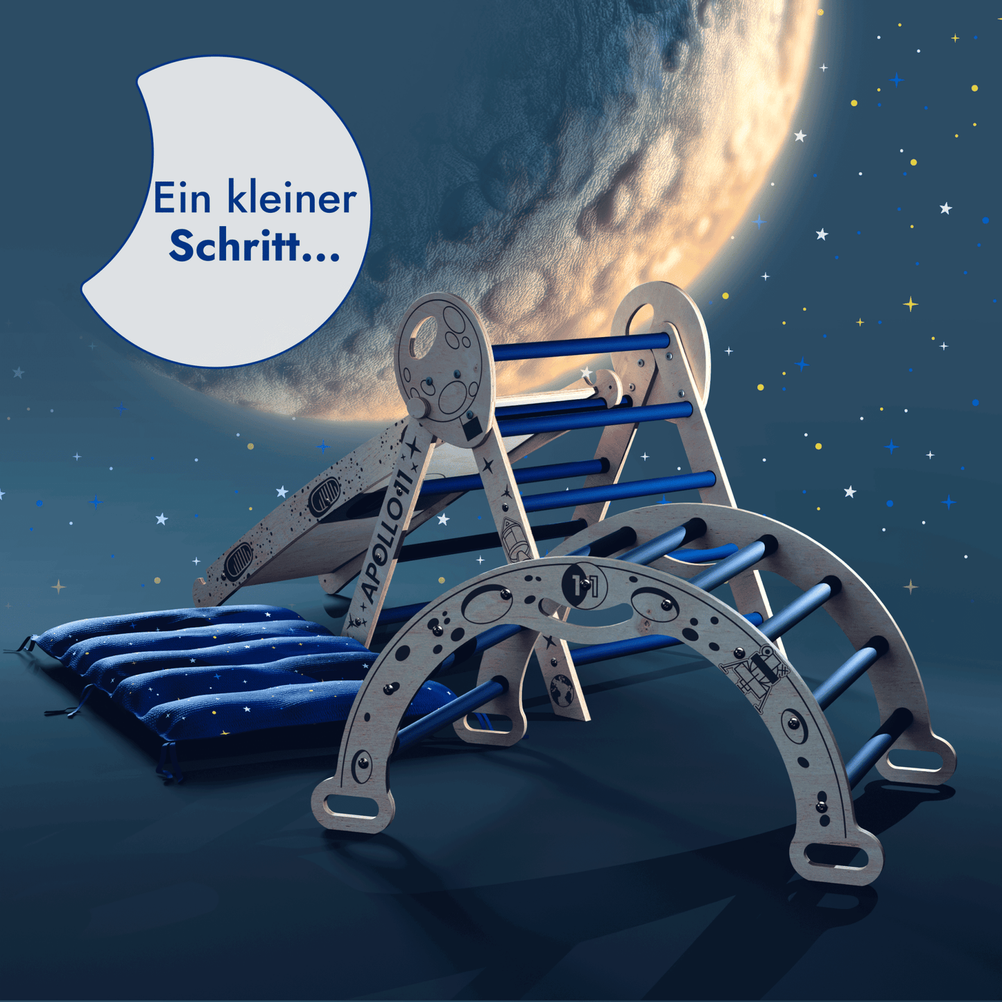 Apollo 4in1 Kletterset: Pikler - Dreieck, Kletterbogen, Rutschbrett und Kissen für kleine Kleinkind - Astronauten - BesonderesHoch2