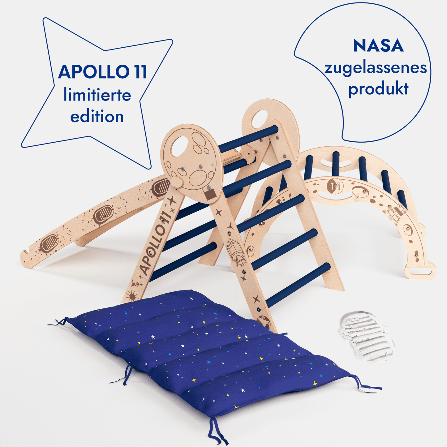 Apollo 4in1 Kletterset: Pikler - Dreieck, Kletterbogen, Rutschbrett und Kissen für kleine Kleinkind - Astronauten - BesonderesHoch2