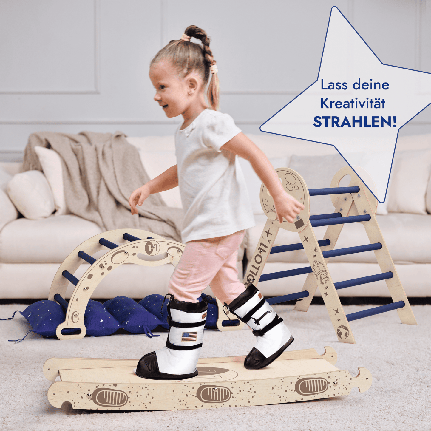 Apollo 4in1 Kletterset: Pikler - Dreieck, Kletterbogen, Rutschbrett und Kissen für kleine Kleinkind - Astronauten - BesonderesHoch2