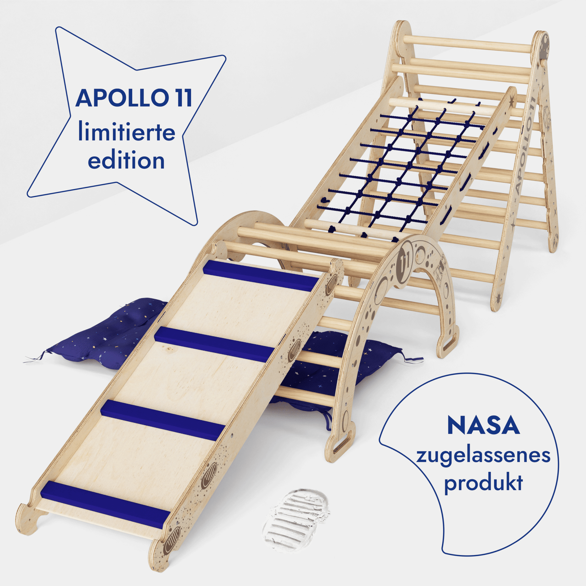 Apollo 5 - in - 1 Kletterset: Pikler - Dreieck, Kletterbogen, Rutschbrett, Kissen und Netz für kleine Astronauten - BesonderesHoch2