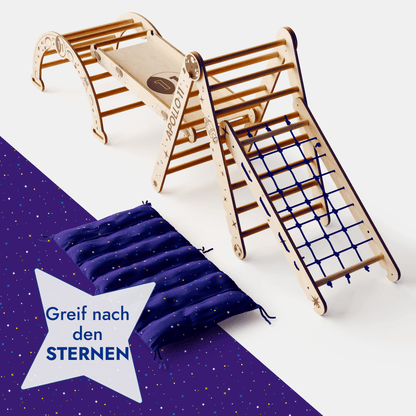 Apollo 5 - in - 1 Kletterset: Pikler - Dreieck, Kletterbogen, Rutschbrett, Kissen und Netz für kleine Astronauten - BesonderesHoch2