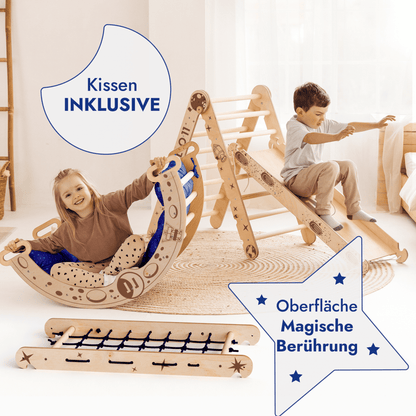Apollo 5 - in - 1 Kletterset: Pikler - Dreieck, Kletterbogen, Rutschbrett, Kissen und Netz für kleine Astronauten - BesonderesHoch2