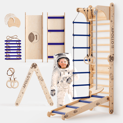 Apollo Schwedische Wand / Kletterleiter für kleine Astronauten + Mondschaukel - Set + Rutschbrett - BesonderesHoch2