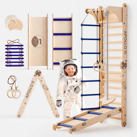 Apollo Schwedische Wand / Kletterleiter für kleine Astronauten + Mondschaukel - Set + Rutschbrett - BesonderesHoch2