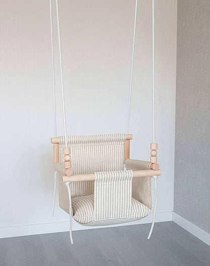 Babyschaukel Leinen, Beige gestreift, Hohe Rückenlehne - BesonderesHoch2