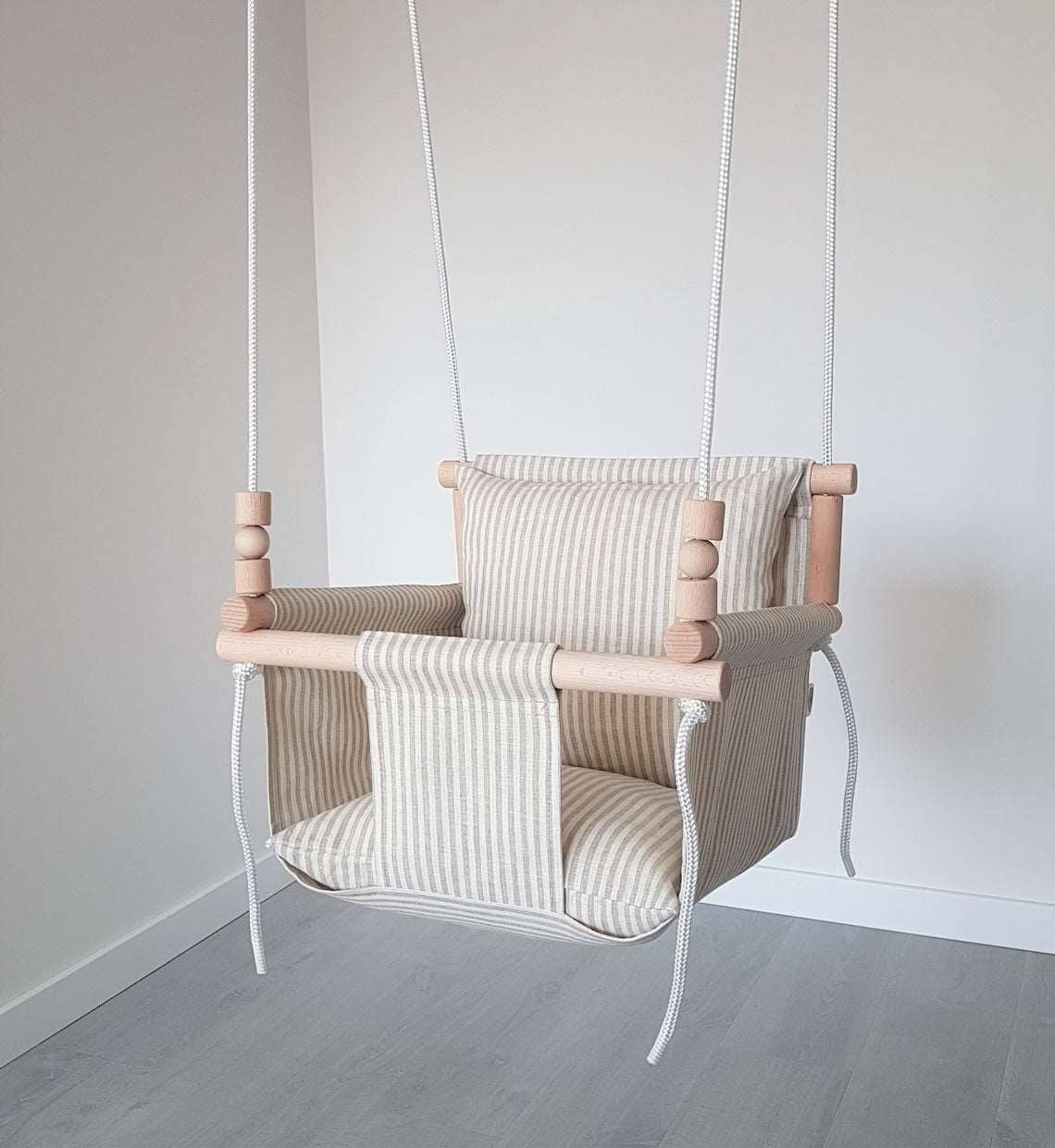 Babyschaukel Leinen, Beige gestreift, Hohe Rückenlehne Pumpur 