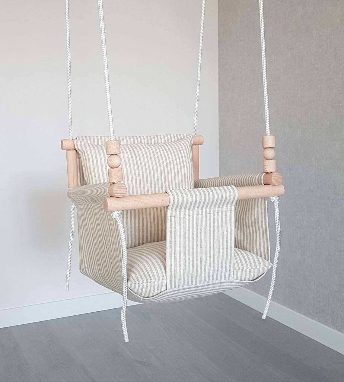 Babyschaukel Leinen, Beige gestreift, Hohe Rückenlehne Pumpur 