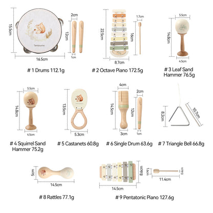 Beliebtes Montessori Holz - Musikinstrument - Set „Eichhörnchen“ – Musikspielzeug für Babys & Kinder | Verschiedene Instrumente, CE - zertifiziert - BesonderesHoch2